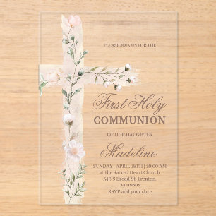 florales Heiliges Kreuz Erstkommunion Acryleinladungen