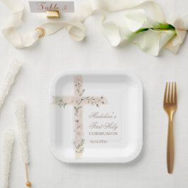 florales Heiliges Kreuz Erstkommunion Pappteller