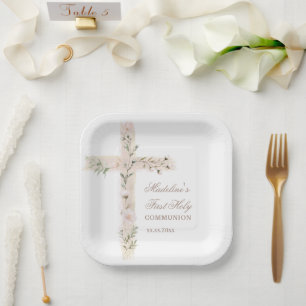 florales Heiliges Kreuz Erstkommunion Pappteller