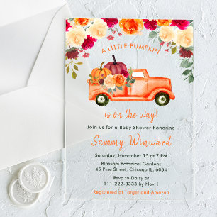Florales Herbst-Kürbis-LKW-Baby-Shower Acryleinladungen