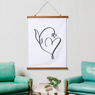 Florales Herz – Minimalistische Linienkunst Wandteppich Mit Holzrahmen
