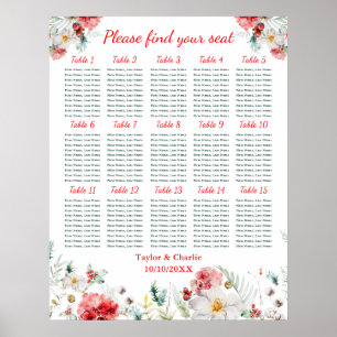 Florales Hochzeits-Sitzplan für 15 Tische im Winte Poster