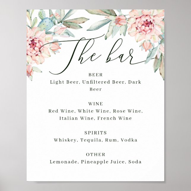 Florales Hochzeitsbar-Menü-Schild. Wasserfarbe Bot Poster (Vorne)