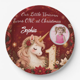 Florales Karmesin Einhorn 1. Geburtstag Weihnachte Pappteller