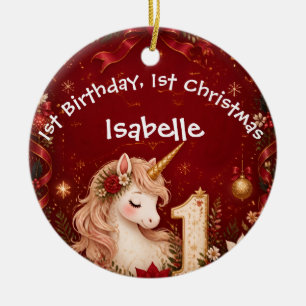 Florales Karmesinrot Einhorn 1. Geburtstag Weihnac Keramik Ornament