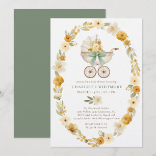 Florales Kinderwagen-Baby-Shower Salbeigrünes De Einladung