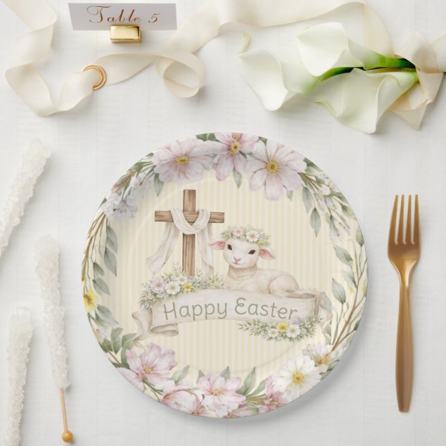Florales Kreuz und Lamm | Frohe Ostern Pappteller (Hochzeit)