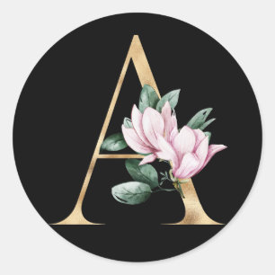 Florales Magnolien-Monogramm in Gold Runder Aufkleber