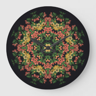 Florales Mandala: rot, gelb vintage. Große Wanduhr