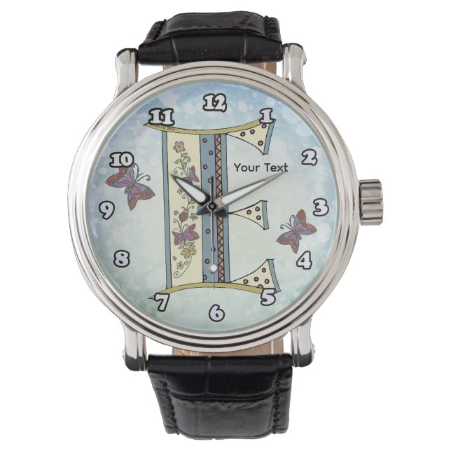 florales Monogramm E Armbanduhr (Vorderseite)