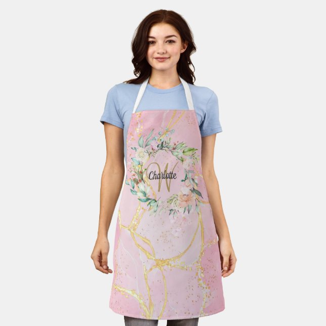 Florales Monogramm Goldschrift Pink Geode Achat Schürze (Getragen)