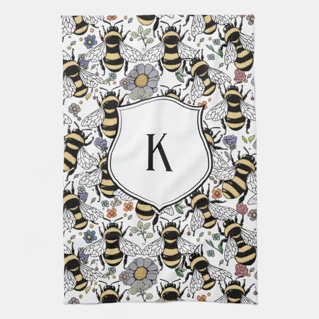 Florales Monogramm Hummel  Geschirrtuch (Vertikal)