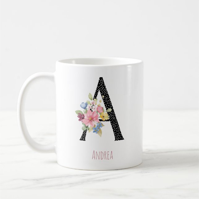 Florales Monogramm Name A schwarze Polka-Punkte  Kaffeetasse (Links)