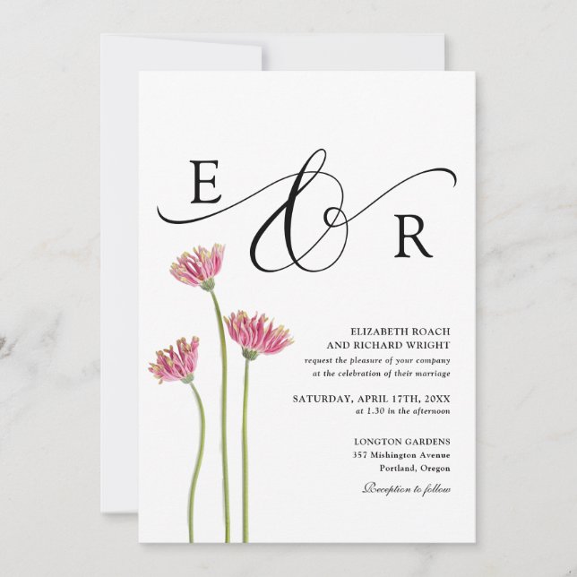 Florales Monogramm QR-Code Schwarz-Weiß-Hochzeit Einladung (Vorderseite)