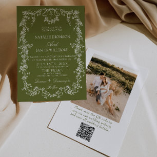 Florales Olivgrünes Gartenfoto-QR-Code-Hochzeit Einladung