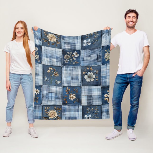 Florales Patchwork-Muster | Boho-Denim Fleecedecke (Beispiel)