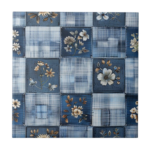 Florales Patchwork-Muster | Boho-Denim Fliese (Vorderseite)