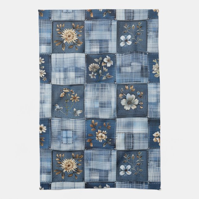 Florales Patchwork-Muster | Boho-Denim Geschirrtuch (Vertikal)