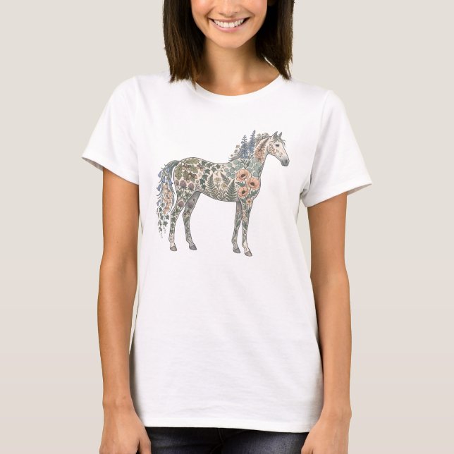 Florales Pferd Dunkle Botanik T-Shirt (Vorderseite)