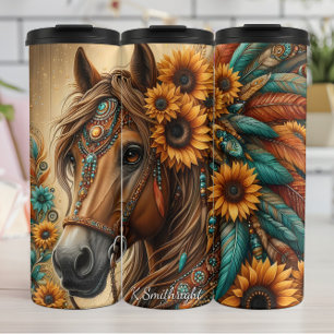 Florales Pferd Sonnenblumen Feder Schmuck Thermosbecher