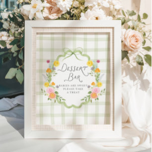 Florales Rahmen Grün Kariert Baby Shower Dessertba Poster