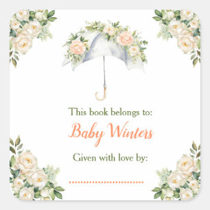 Florales Regenschirm-Baby-Shower-Exlibris Quadratischer Aufkleber