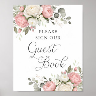 Florales Rosa-Hochzeitsgästebuch-Schild mit Grün Poster