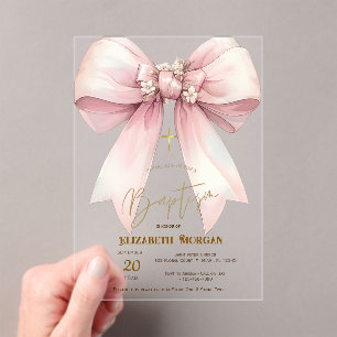 Florales rosa Schleife Gold Kreuz Taufe Acryleinladungen