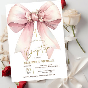 Florales rosa Schleife Gold Kreuz Taufe Einladung
