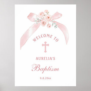 Florales rosa Schleife Taufe Willkommen Poster