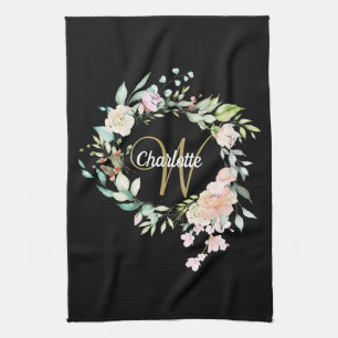 Florales Rosen Schriftzug Monogramm Gold Schwarz Geschirrtuch