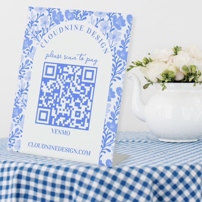 Florales Schild Blau Weiß SCAN TO PAY QR CODE (Floral Arch Blue White SCAN TO PAY QR CODE Pedestal Sign
)