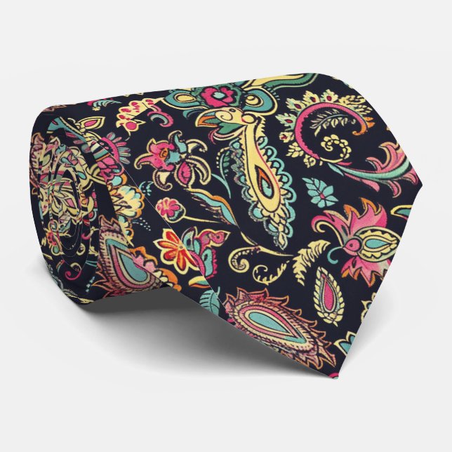 Florales Schwarz Paisley  Krawatte (Gerollt)