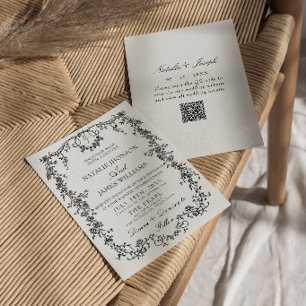 Florales Schwarz-Weiß-Monogramm-QR-Code-Hochzeit Einladung