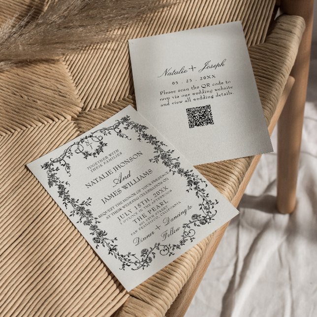 Florales Schwarz-Weiß-Monogramm-QR-Code-Hochzeit Einladung (Von Creator hochgeladen)