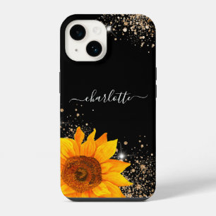 Florales schwarzes Gold Glitter Monogramm Name iPhone 14 Hülle