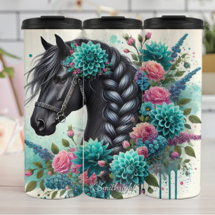 Florales schwarzes Pferd mit geflochtener Mähne Thermosbecher