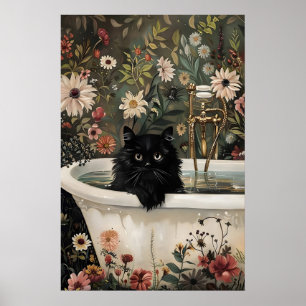 Florales Schwarzkatzen-Badezimmer-Druckbild, botan Poster