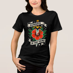 Florales Schwert-Emblem Lebendiger Hibiskus-Somm Tri-Blend Shirt