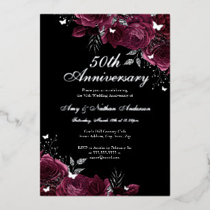 Florales Silber Burgund 50. Hochzeitstag Folieneinladung