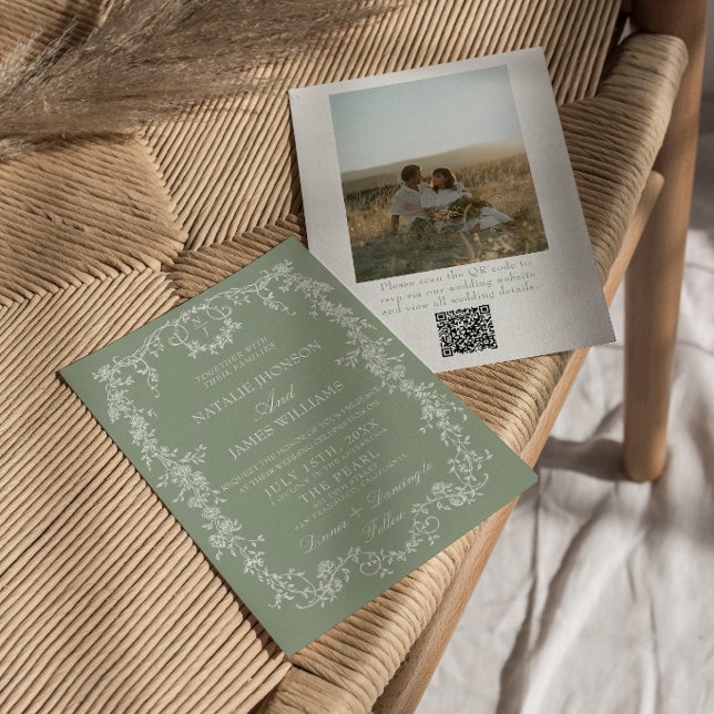 Florales Smaragdgrün-Monogramm-Foto-QR-Code-Hochze Einladung (Von Creator hochgeladen)