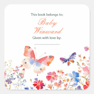 Florales Sommer Schmetterling Baby Shower Quadratischer Aufkleber