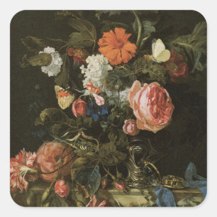 Florales Stillleben Blumen in Vasen, Vintage Baroc Quadratischer Aufkleber