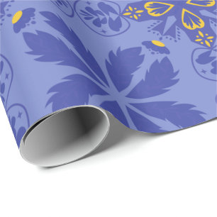 florales und geometrisches Muster in Gold und Blau Geschenkpapier