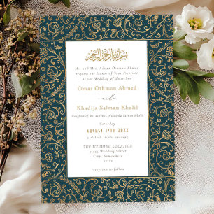Florales Vintage Gold & Nilblau Islamisches Hochze Einladung