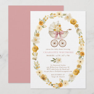 Florales Wagen-Baby-Shower   Rosafarbenes Design Einladung