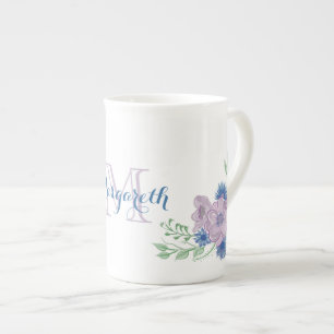 Florales Wasserfarben Blau Lila Monogramm Prozellantasse