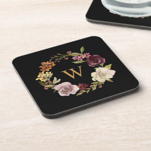 Florales Wasserfarben-Kranz-Monogramm Schwarz Getränkeuntersetzer