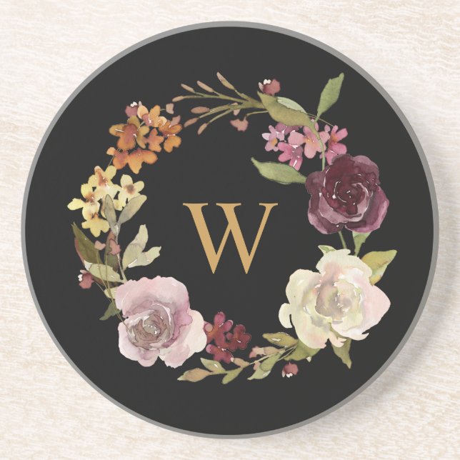 Florales Wasserfarben-Kranz-Monogramm Schwarz Getränkeuntersetzer (Vorne)