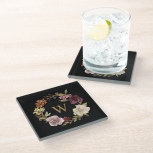 Florales Wasserfarben-Kranz-Monogramm Schwarz Glasuntersetzer